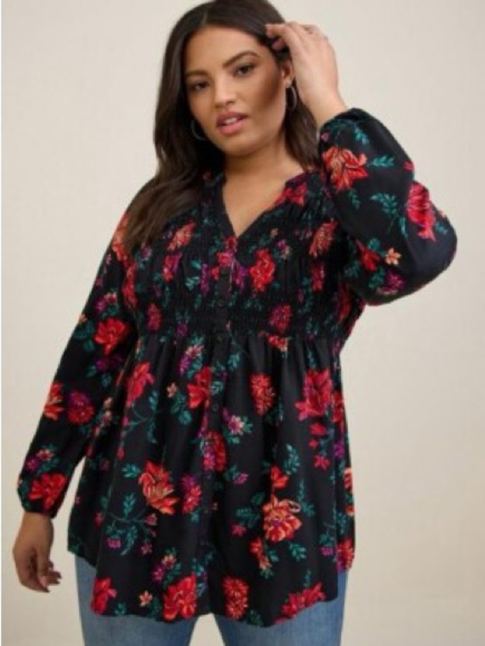 Torrid Rayon Twill Smocked Button-Front Floral Tunic Top Long Sleeve V Neck 2X